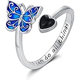 Twoowl Butterfly Adjustable Ring 925 Sterling Silver Open Black Onyx Rings Enamel Filigree Butterfly Jewelry Gifts for Women Girlfriends Birthday