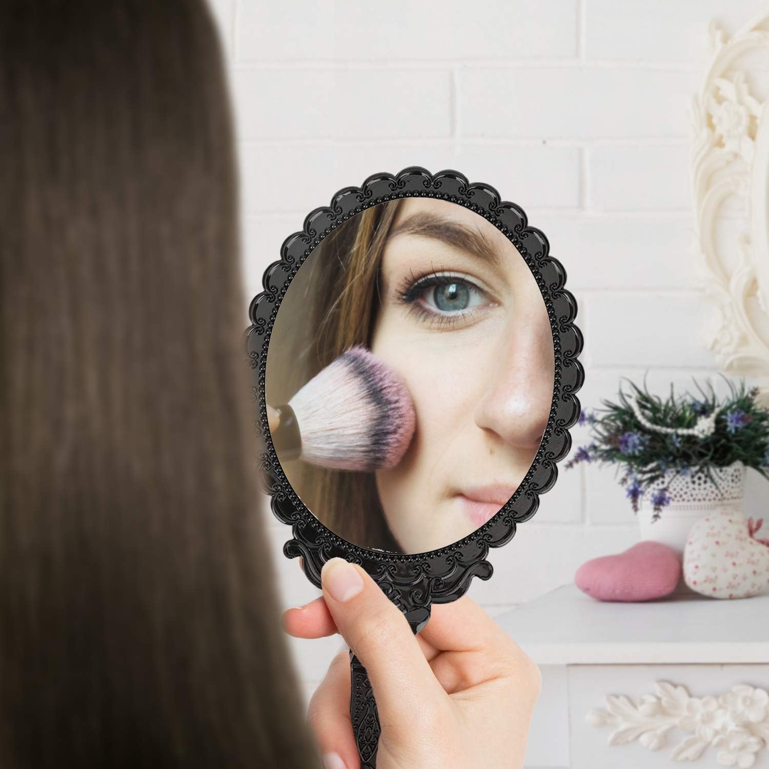 Yusong Vintage Handheld Mirror, Small Hand Held Decorative Mirrors for Face Makeup Embossed Flower Portable Antique Travel Personal Cosmetic Mirror with Powder Puff (Black): Furniture & Decor