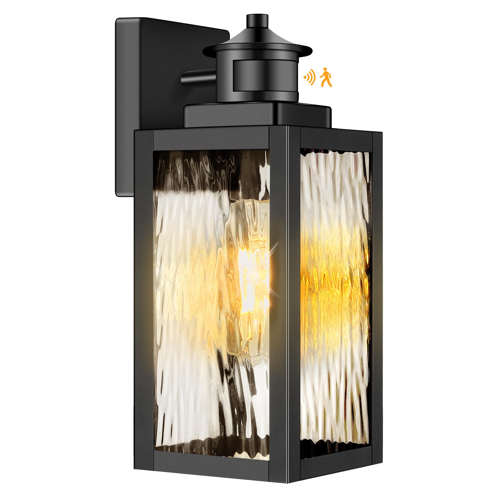 Photo 1 of 13.6" Motion Sensor Outdoor Wall Sconce Lantern, Exterior Waterproof Wall Lights Fixtures with Water-Rippled Glass, Black Outside Mount Lighting for House, Porch, Garage, Patio, Bulbs Not Included