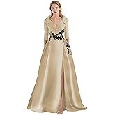 GARDOM Satin Mother of The Bride Dresses for Women Long Sleeve Prom Dress Appliques Formal Evening Gown with Pockets