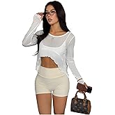 OYOANGLE Women's Long Sleeve Sheer Workout Tops Lettuce Trim High Low Hem Flowy Crop Top