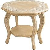 Hand Carved Wooden Octagon Coffee Table, 24"x24"x18" White wash Farmhouse Accent End Table, Rustic Foldable Side Table Nights