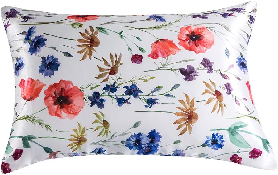 DuShow Satin Pillow Cases 2 Pack - Floral Silky Pillowcase for Hair and Skin Standard Size with Zipper Closure,White,50x75 cm
