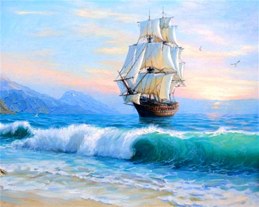 WOWDECOR Paint by Numbers Kits for Adults Kids, DIY Oil Painting - Cat Indians Sailboat Waterfall Landscape 16x20 inch (Sailboat, Framed)