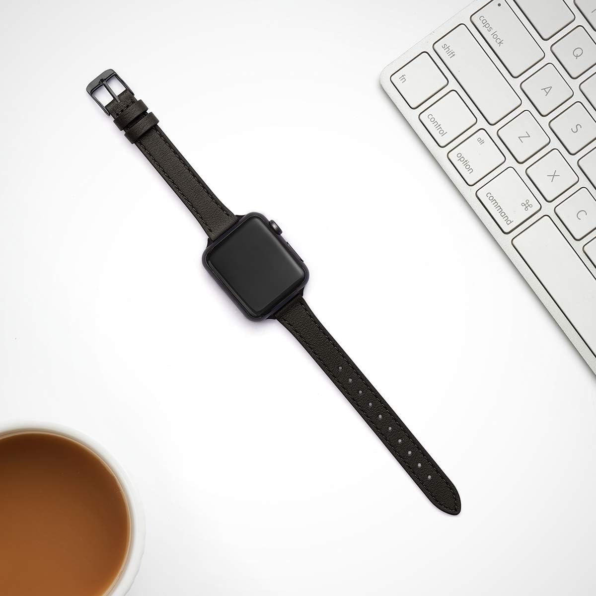 STIROLL Slim Leather Bands Compatible with Apple Watch Band 38mm 40mm 42mm 44mm, Top Grain Leather Watch Thin Wristband for iWatch SE Series 6/5/4/3/2/1 (Black with Black, 38mm/40mm)