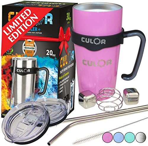 CULOR Pink Tumbler 20oz | Stainless Steel 304 | Double Vacuum Insulation Cup | Premium Gift Wrap | 10 RARE Lifestyle Extras | Durable Ice Cubes, 2 Upgraded AS Lids, Handle, 2 Straws