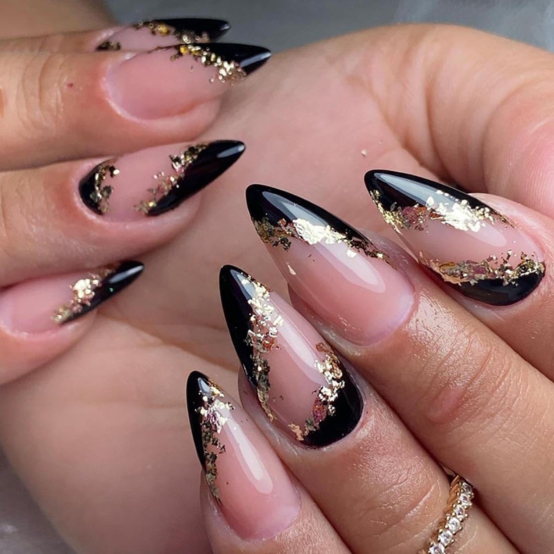 Cubahop 24pcs Almond Nude Gradient Nails Full Cover Gold Foil Glitter Powder Fake Nails Stick on Nails for Women and Girls (pink1)