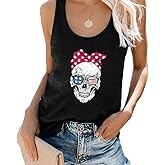 Fensajomon Skull Tank Tops for Women V-Neck Lace Up Sleeveless Summer Casual Printed Tank Top Shirts Black# XS