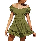 LYANER Women's Tie Back Off Shoulder Wrap Layer Ruffle Short Sleeve Mini Dress