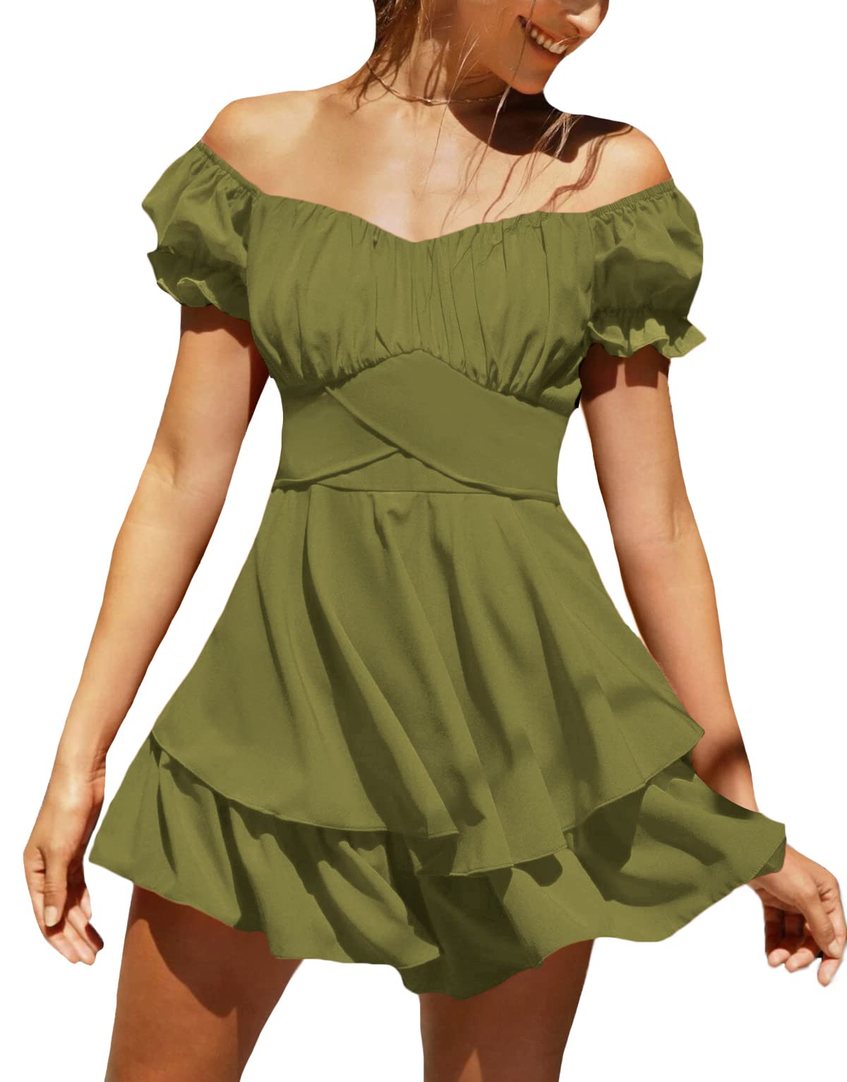 Photo 1 of LYANER Women's Tie Back Off Shoulder Wrap Layer Ruffle Short Sleeve Mini Dress Army Green X-Small