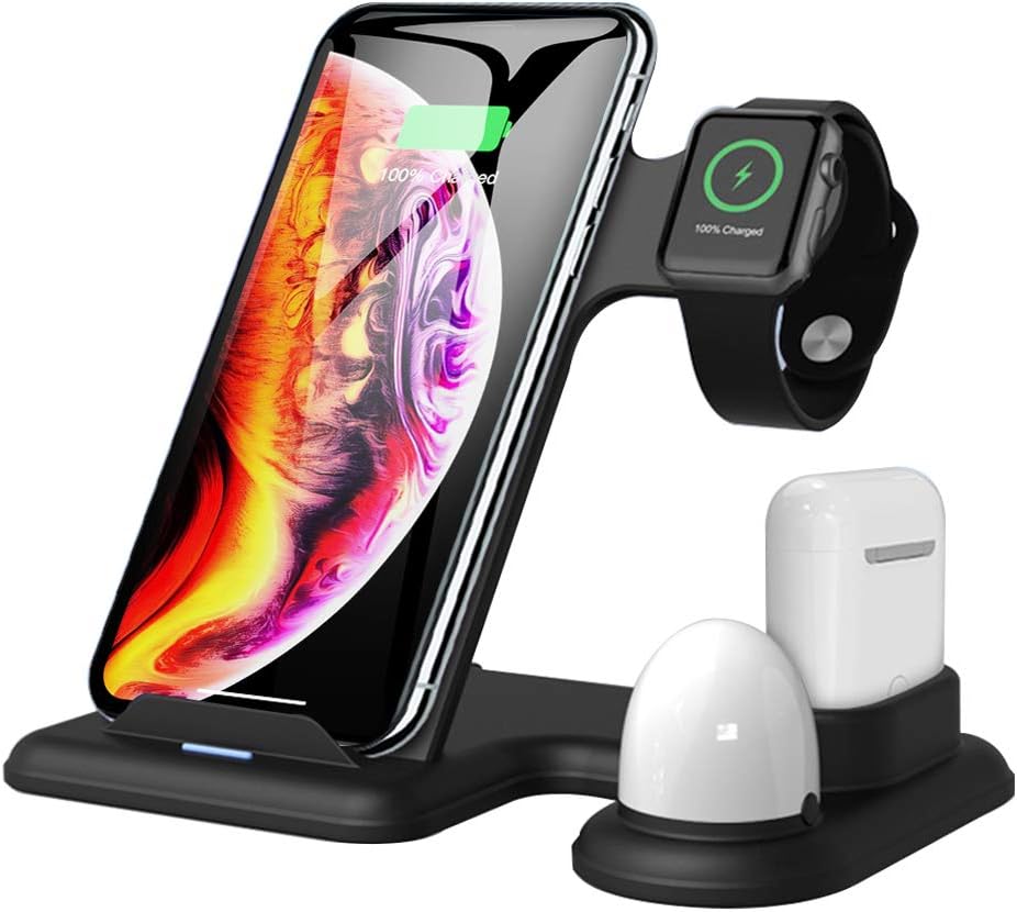 Wireless Charger Stand, 4 in 1 Wireless Charging Station Qi Fast Charger Compatible with iPhone 8/8 Plus/X/XS/XR/XS Max/iPhone 11/11 Pro and Apple Watch Charger 5 4 3 2 1 Airpods 2 (No AC Adapter)