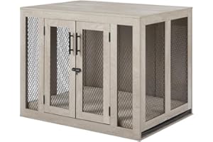 unipaws Furniture Style Dog Crate with Cushion and Tray, Mesh Dog Kennels with Double Doors, End Table Dog House, Medium and 