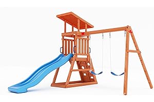 DOLPHIN PLAYGROUND T Dolphin Playground Wooden Swing Sets for Backyard with 6FT Slide, Outdoor Playset for Kids with Sand Pit, Climbing Wall, and 2 Belt Swings, Heavy Duty Playground Accessories, Ages 2-9