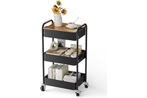 johgee 3 Tier Rolling Cart with Table top, Metal Utility Cart, Sturdy Storage Organizer Cart with Locking Wheels & Hooks for Office, Classroom, Kitchen and Bathroom
