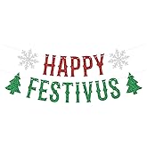 Happy Festivus Banner, Winter Merry Christmas Holidays Bunting Sign, Happy New Year 2025/Eve Celebration Party Decorations Supplies, Red and Green Glitter