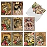 M6638OCB Feline Frames: 10 Assorted Blank All-Occasion Note Cards Featuring Vintage Cats Posing in Victorian Style Gilded Frames covered by Colorful Flowers, w/White Envelopes.