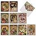 M6638OCB Feline Frames: 10 Assorted Blank All-Occasion Note Cards Featuring Vintage Cats Posing in Victorian Style Gilded Frames covered by Colorful Flowers, w/White Envelopes.