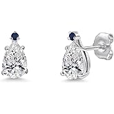 Gem Stone King 14K White Gold DEF Lab Grown Diamond and Blue Sapphire Teardrop Stud Earrings for Women | 1.06 Cttw | Gemstone April Birthstone | Pear Shape 7X5MM