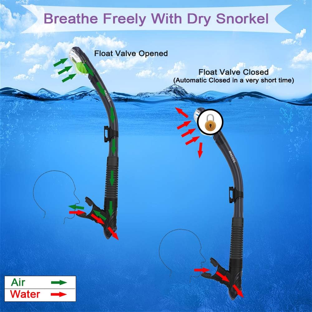 WACOOL Dry Top Snorkel Tube Comfortable Mouthpiece One-Way Purge Valve with Buckle for Pool Open Water Scuba Lap Swimming Swimmer Training Diving Snorkeling (Black) : Sports & Outdoors