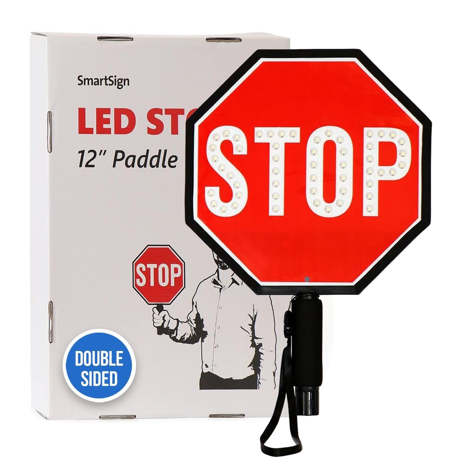 Photo 1 of SmartSign 12" LED Stop Paddle, Rechargeable Battery & Charger, 2-Sided Reflective Hand Held Aluminum Sign with Strap, Steady/Flashing Light Modes, Foam-Padded Grip, 1-Pack