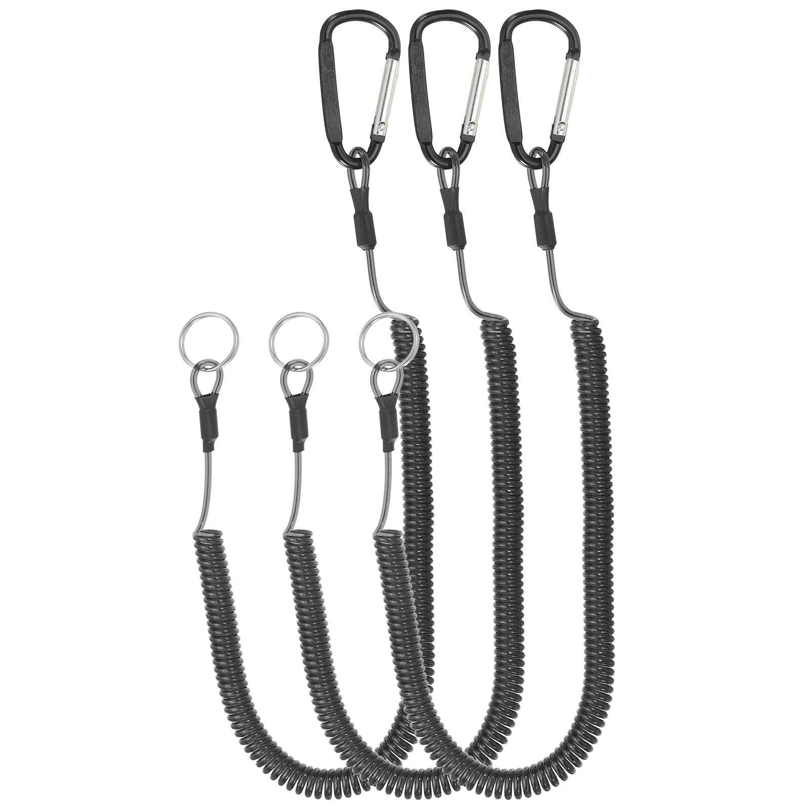PATIKIL 6.5ft Spring Fishing Lanyard, 3 Pack Retractable Coiled Tether Spiral Coil Keychain Cord with Metal Clip & Split Ring for Pliers Boating Fly Fishing, Black