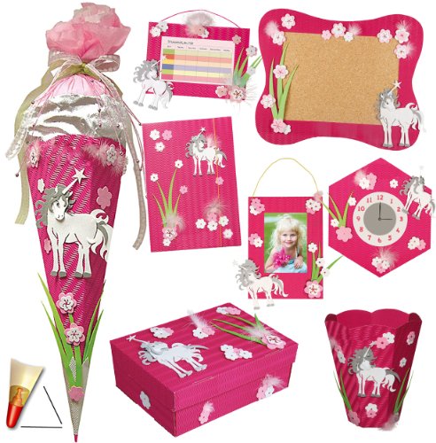 8 TLG. Set: Bastelset Schultüte - 85 cm + Schulbox/Kreativbox + Mappe + 6 Schulartikel - Einhorn & Blumen Mädchen…