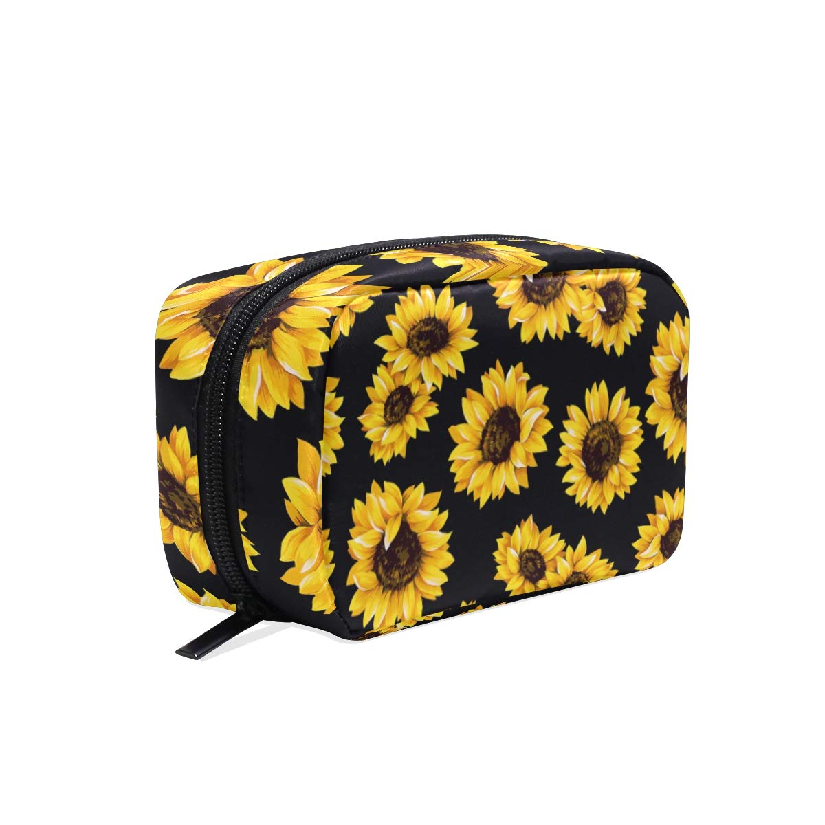 Makeup Pouch Sunflower Elegant Print Cosmetic Toiletry Bag Storage Large Travel Handle Personalised with Compartments for Teenage Girl Women Lady Black