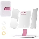 EASEHOLD Foldable Tri-Fold Lighted Makeup Vanity Mirror with 60 LED Lights, 1X/2X/3X Magnification, Touch Control Dimming, 3000mah Rechargeable, 360° Rotation, Portable Travel Folding Compact Mirror
