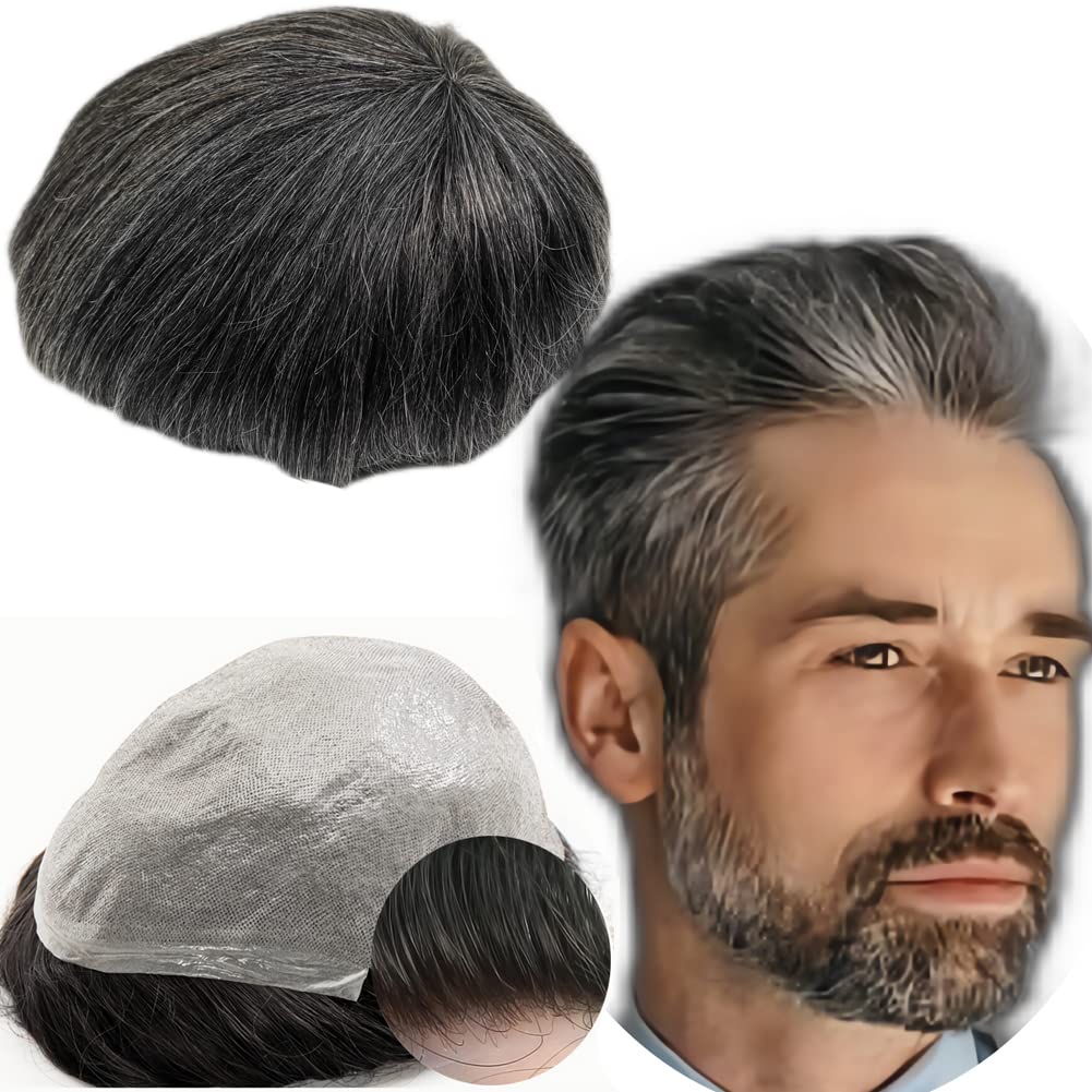 Toupee for Men Yanahair Straight Hair Pieces Mens Toupee Replacement System 100% European Real Human Hairpieces Hair System 0.04 Soft Thin Skin PU V-loop (#1B40 Black and Gray, 8x10")