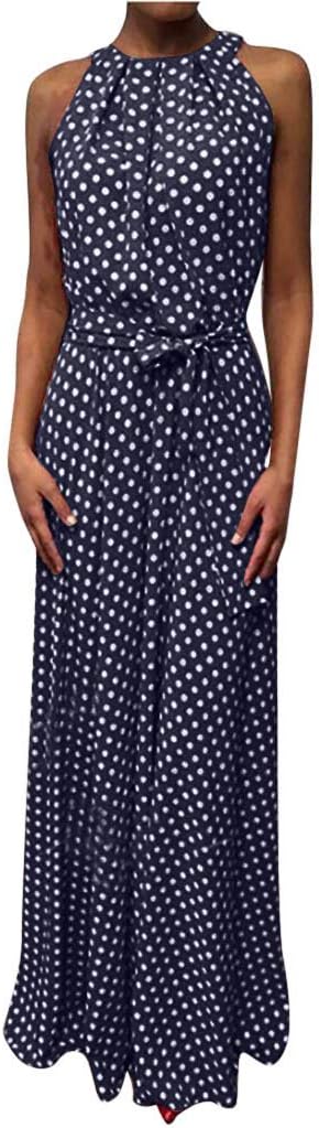 KIMODO Women's Dress O-Neck Sleeveless Hanging Neck Dress Summer Casual Dot Printed Waist Lacing Beach Long Dress Sundress