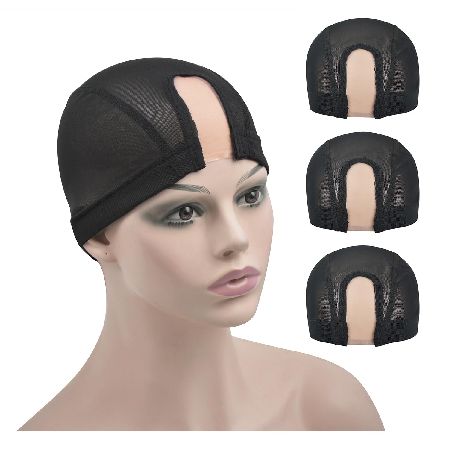 3 Pcs Mesh Dome Wig Caps U Part Wig Caps with Lace Net for Making Wigs (Black L) โ image 1