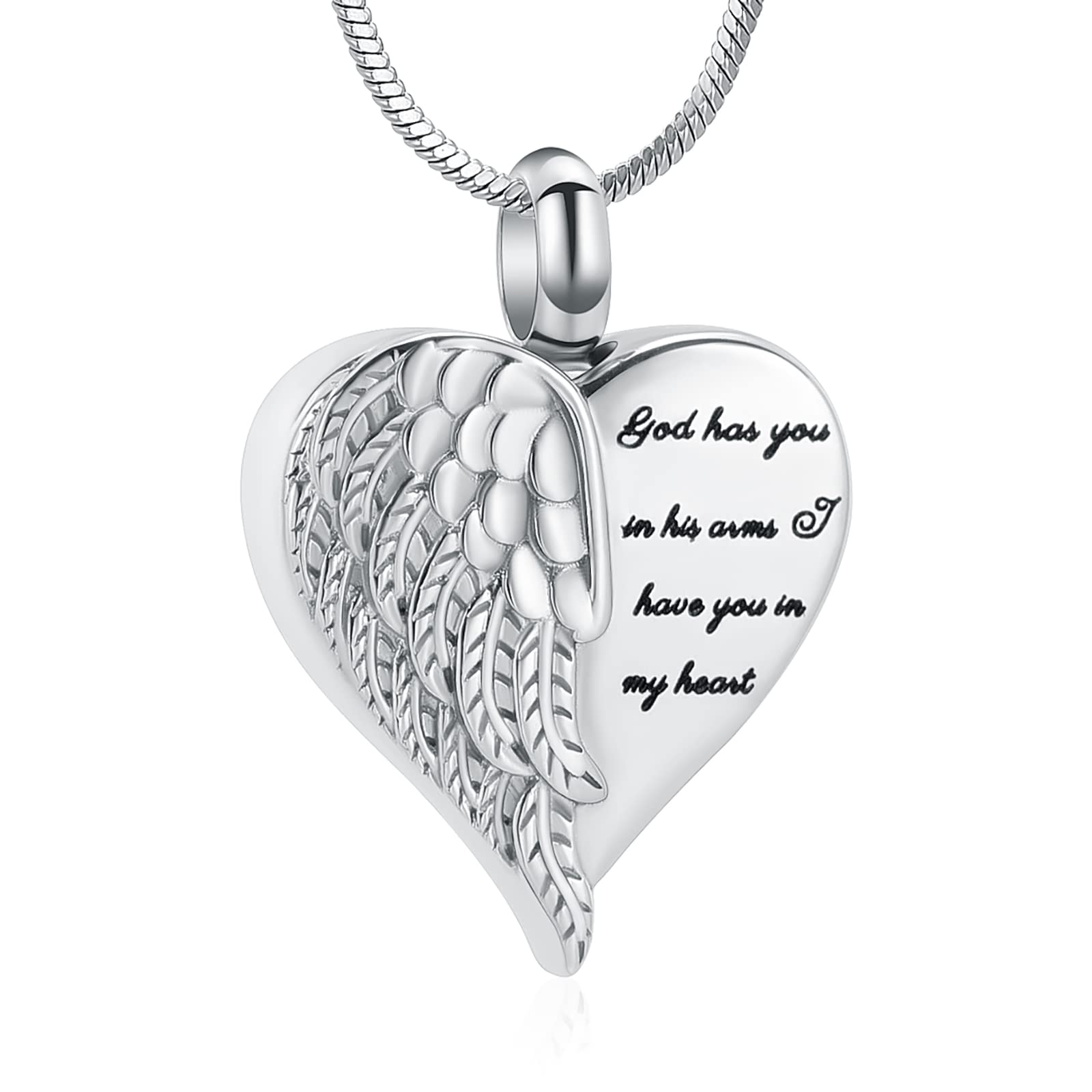 Minicremation Cremation Jewelry for Ashes Heart Urn Necklace Pendants Ashes for Women Men Keepsake Memorial Angel Wing with Charm Heart for Loved Ones (Silver-God)