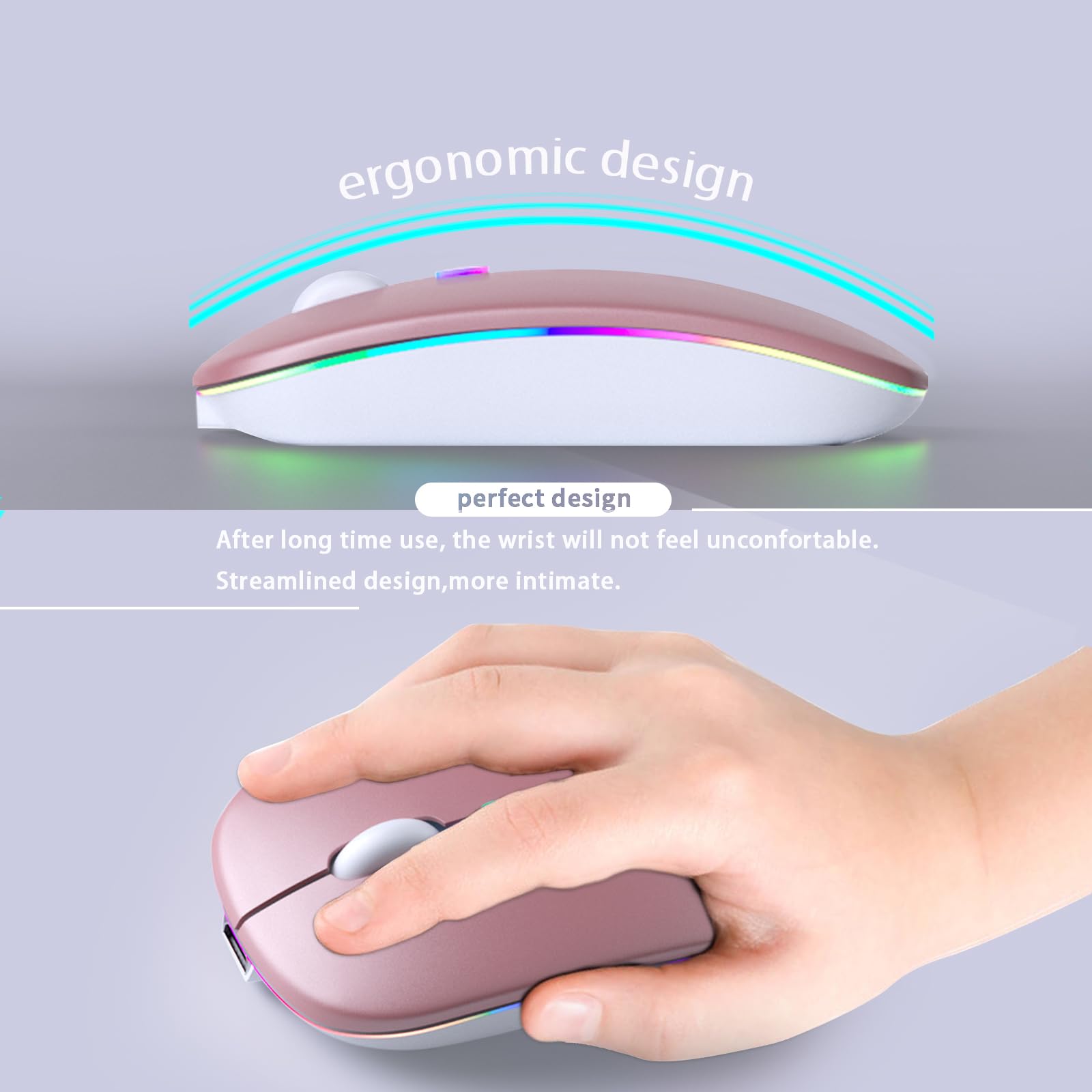 KANMABPC Wireless Bluetooth Mouse – Rechargeable, Silent, Dual Mode (Bluetooth 5.2 & USB) with LED Lights – Portable for Laptop, Desktop, & Tablet(Rose Gold)