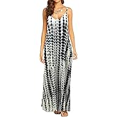 Supnier Women's Summer Maxi Dress Casual V-Neck Sleeveless Bohemian Spaghetti Strap Floral Long Maxi Dress with Pockets