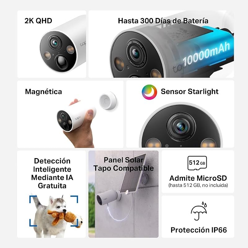C425(4-Pack)-Cámara vigilancia WiFi Exterior,2KQHD,300 Días de Batería