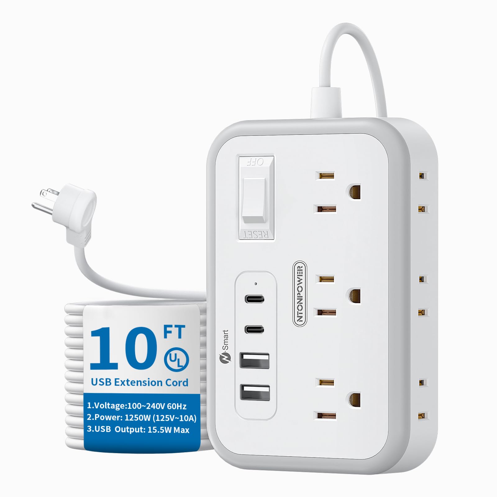 Surge Protector Power Strip 10 ft, Flat Plug Extension Cord with 6 ...