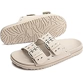 FUNKYMONKEY Women's Eyelets Adjustable Double Strap Slides Slip On Comfort Flat Sandals for Summer