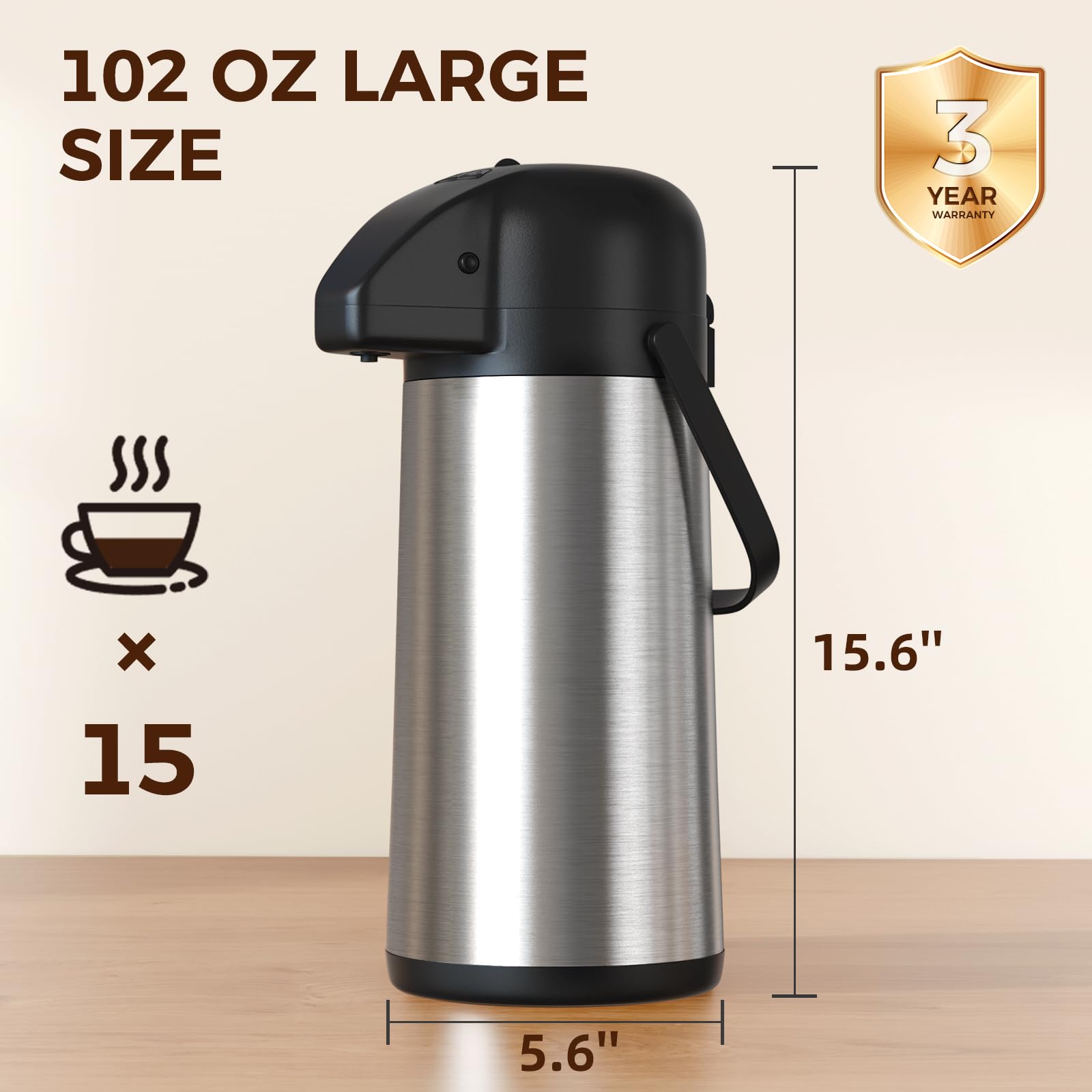 Coffee Carafe for Keeping Hot - Gezoss 102OZ / 3L Airpot Coffee Dispenser with Pump - Large Coffee Thermos for Hot Drinks Tea Liquid - Insulated Stainless Steel Hot Water Beverage Urn for Parties