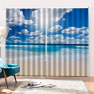 shkdif Cortina 3D De Dormitorio Playa De Cielo Azul Y Nubes Blancas