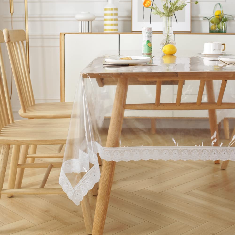meioro Clear PE Tablecloths Protector Waterproof/Oil-Proof Table Cover Plastic Table Pads Rectangle Transparent Tablcloth Suitable for Indoor and Outdoor (Transparent -Lace, Diameter 150cm)