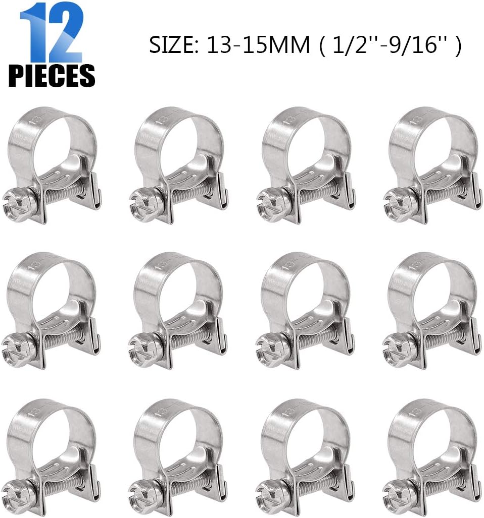 Glarks 12Pack 13-15mm Stainless Steel Mini Fuel Injection Hose Clamps Adjustable Pipe Hose Clip Tube Clamps Set (1/2''-9/16'' Dia)