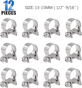 Glarks 12Pack 13-15mm Stainless Steel Mini Fuel Injection Hose Clamps Adjustable Pipe Hose Clip Tube Clamps Set (1/2''-9/16'' Dia)