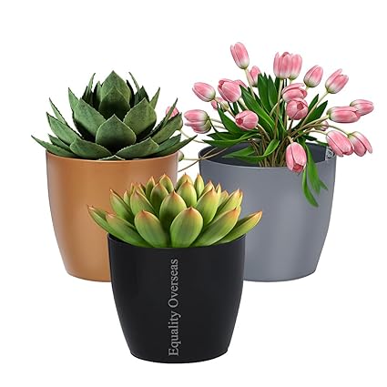 EQUALITY OVERSEAS 8 inch Plastic Planters Ceramic Finish Flower Plant Pots Modern Decorative Gardening Pot Multicolor Pack of (3)