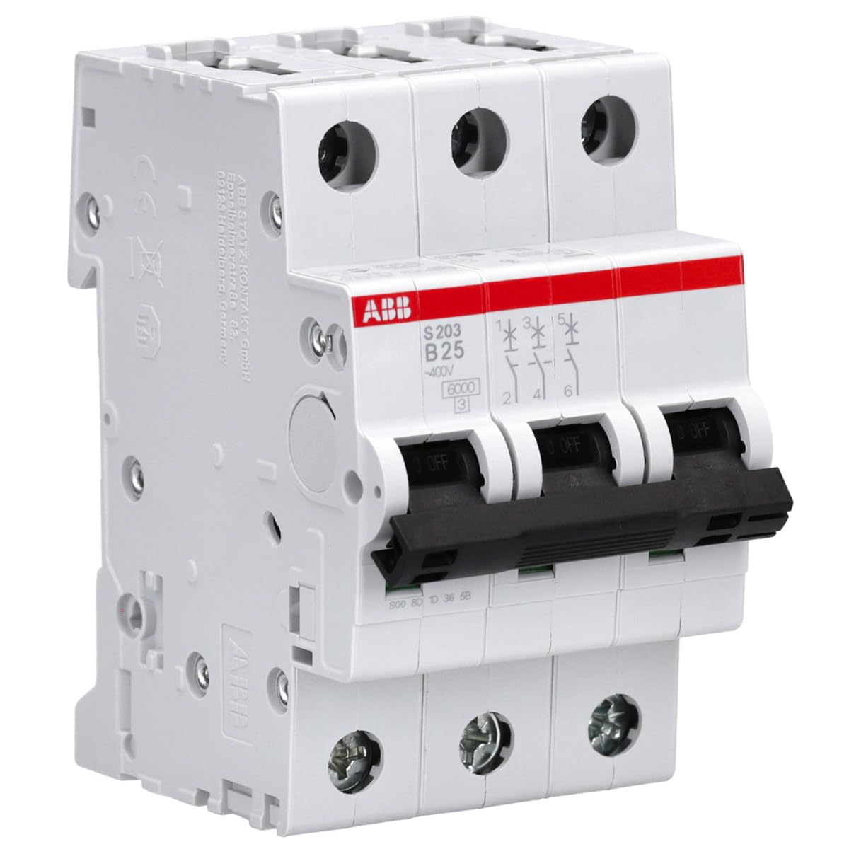 ABB S203-B25 Miniature Circuit Breaker, 3 Pole, Type B, 6/10kA Breaking Capacity, 25 Amp Current (2CDS253001R0255)