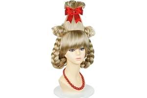 LABEAUTÉ Long Blonde Braids Wig Christmas for Women Bangs with Red Bow Halloween Party Hair Wig