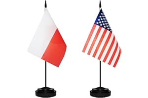 TIBIJOY USA American & Poland Polish Desk Flags, US Poland Table Flag, Small Mini American & Polish Twin Table Office Flag, Miniature Polish and US Desktop Flag With 13" Solid Black Pole, Black Base