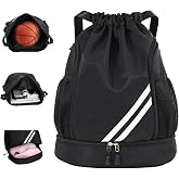 Labreccos Drawstring Soccer Backpack Gym Bag with Shoe Compartment | Water Resistant Nylon Sports Cinch Sack for Men Women for Basketball, Volleyball and Football -