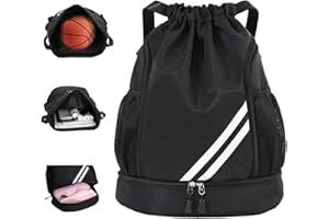 Labreccos Drawstring Soccer Backpack Swim Gym Sport Bag with Ball and Shoe Compartment for Men and Women