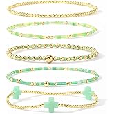 EQUBIO Gold Beaded Cross Bracelet for Women, 14K Plated Adjustable Stackable Dainty Bracelets, Non Tarnish Fashion Jewelry Set Gifts for Women Birthday Friendship