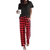 Ekouaer Pajama Sets for Women Round Neck Pjs Short Sleeve Sleepwear with Long Pants Loose Lounge Sets